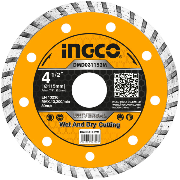 Диамантен диск Turbo INGCO, универсален, Ø 115 x 22.23 x 7.5 мм, метална кутия 10 броя DMD031152M