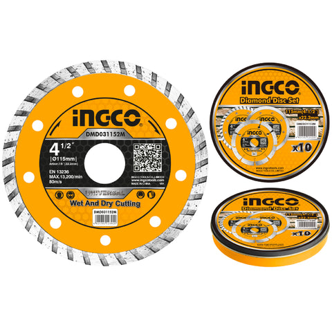 Диамантен диск Turbo INGCO, универсален, Ø 115 x 22.23 x 7.5 мм, метална кутия 10 броя DMD031152M