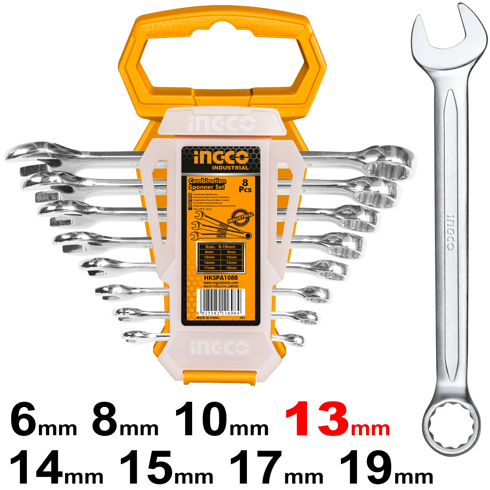 Комплект комбинирани ключове INGCO Industrial, SW 6 - 19 мм, 8 части HKSPA1088-I