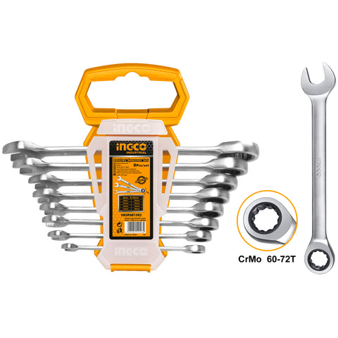 Комплект ключове с гъвкава тресчотка INGCO Industrial, 8 - 19 мм, 8 части HKSPAR1082